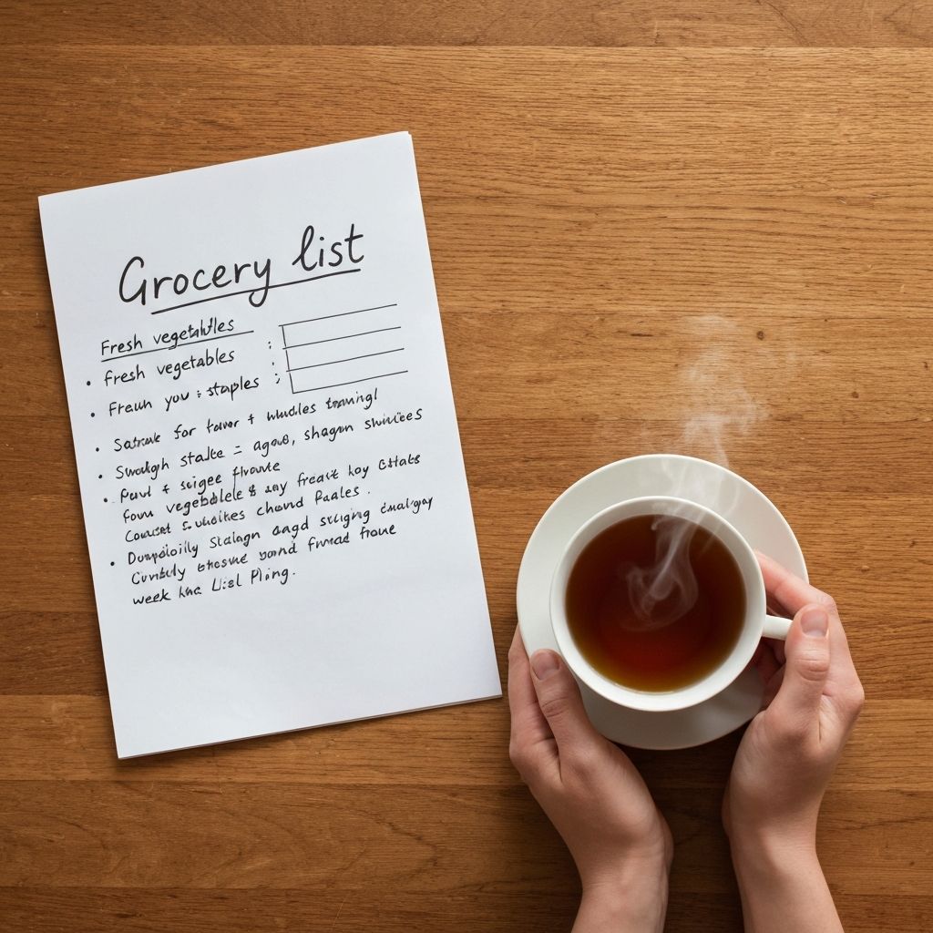 Handwritten grocery list next to a warm cup of tea